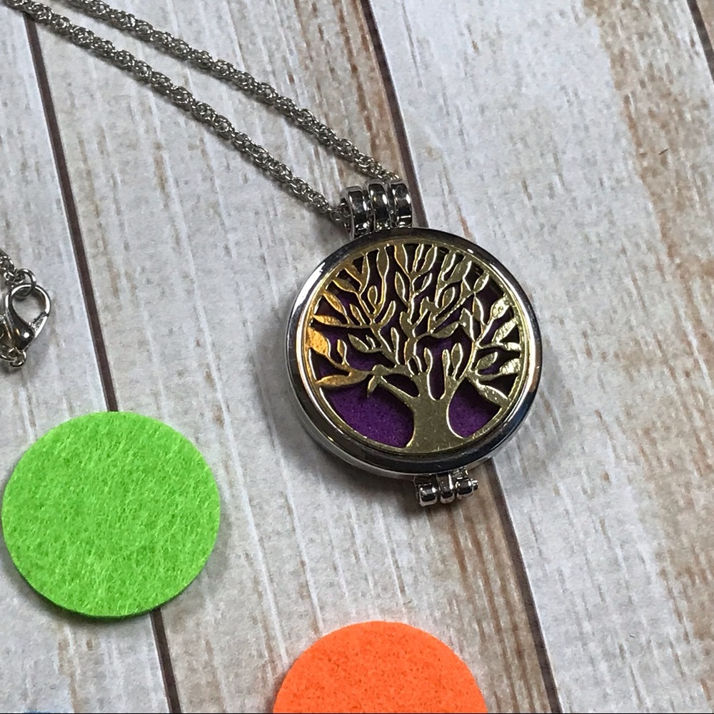 Silver tone essential oil tree necklace